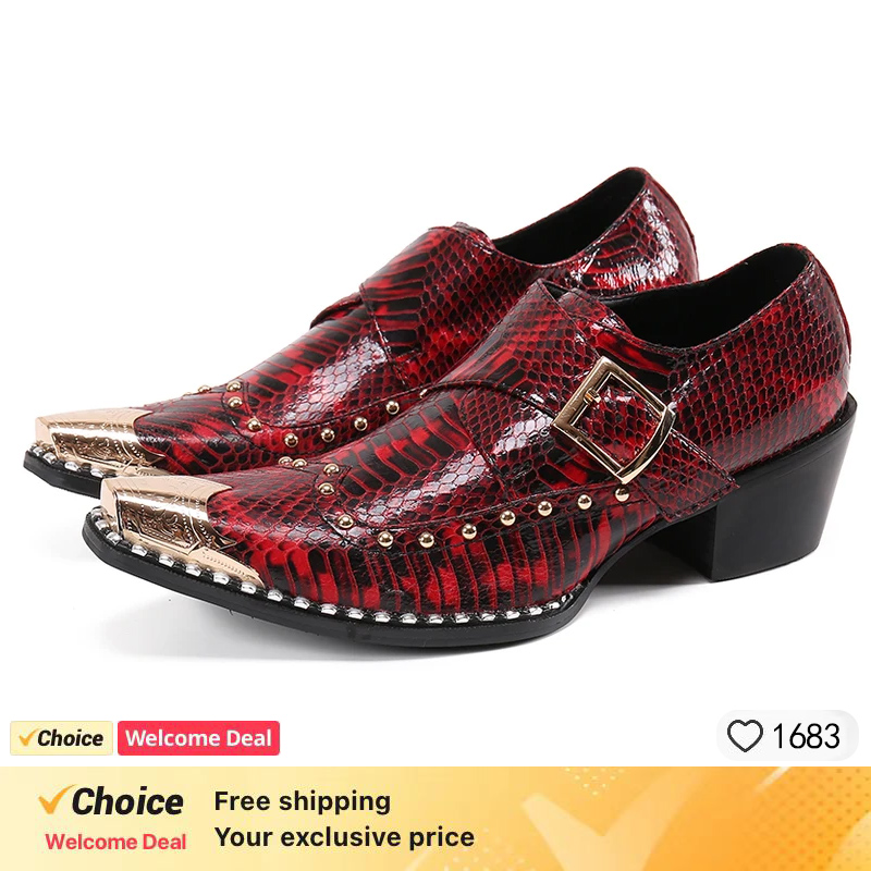 Men'S Fashion For Wedding - Men's Red Snakeskin Studded Buckle High