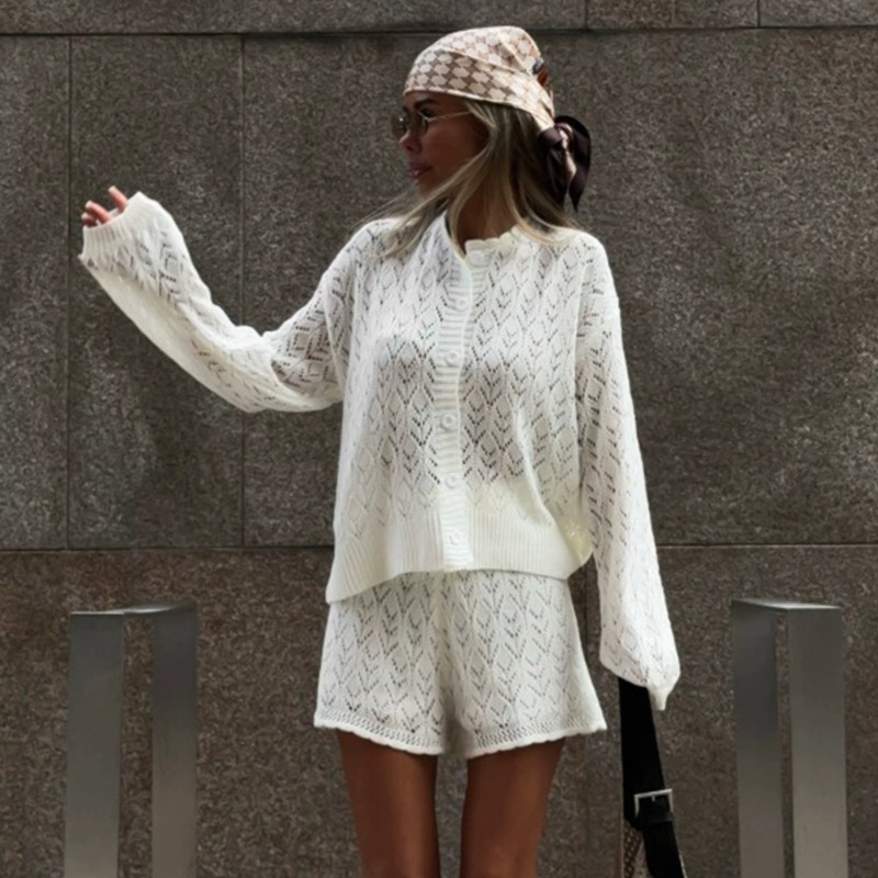 Mens Fashion Jumpers - Tuularose White Knit Shorts 2-piece Set