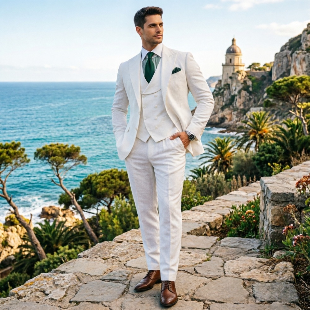 Beige Men Suits 3 Pieces Linen – Men'S Fashion Outfits 2026 recenzja i cena